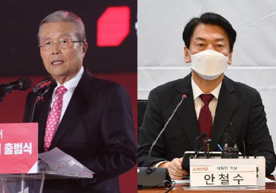 김종인(왼쪽) 국민의힘 총괄선대위원장과 안철수 국민의당 대선후보. 연합뉴스